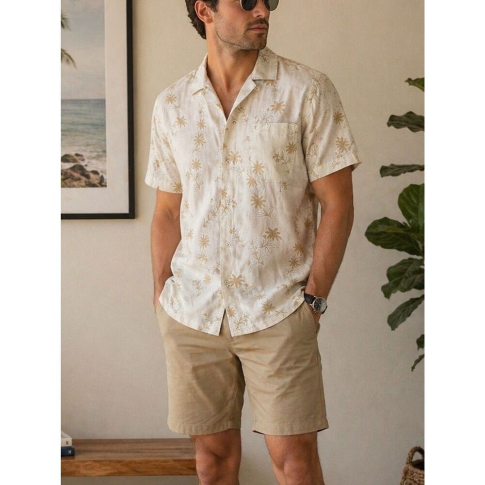 Reverse Threads Floral Hawaiian Shirt Mens Size L Viscose Sumer Button Up Beige